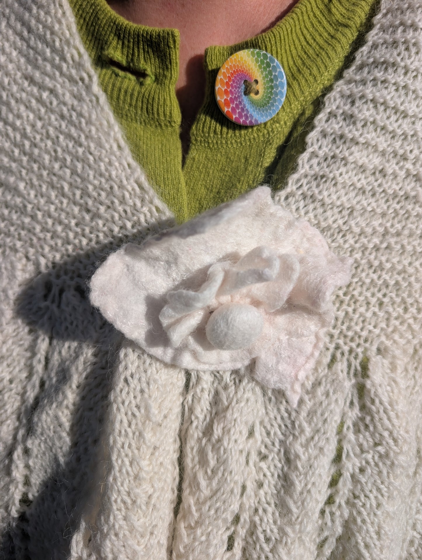 Heirloom Ivory Lace Shawl with Felted Rose Clasp $300