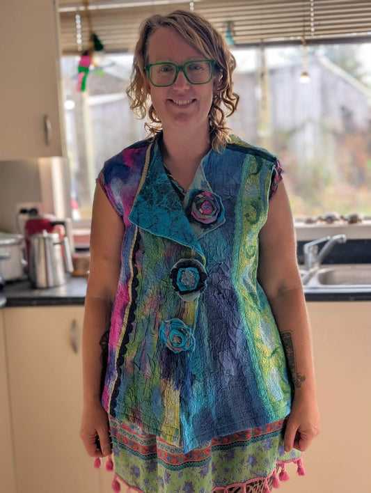 Merina Silk Ribbon & Lace Felted Vest - Wearable Art $300 adjustable size 12-16