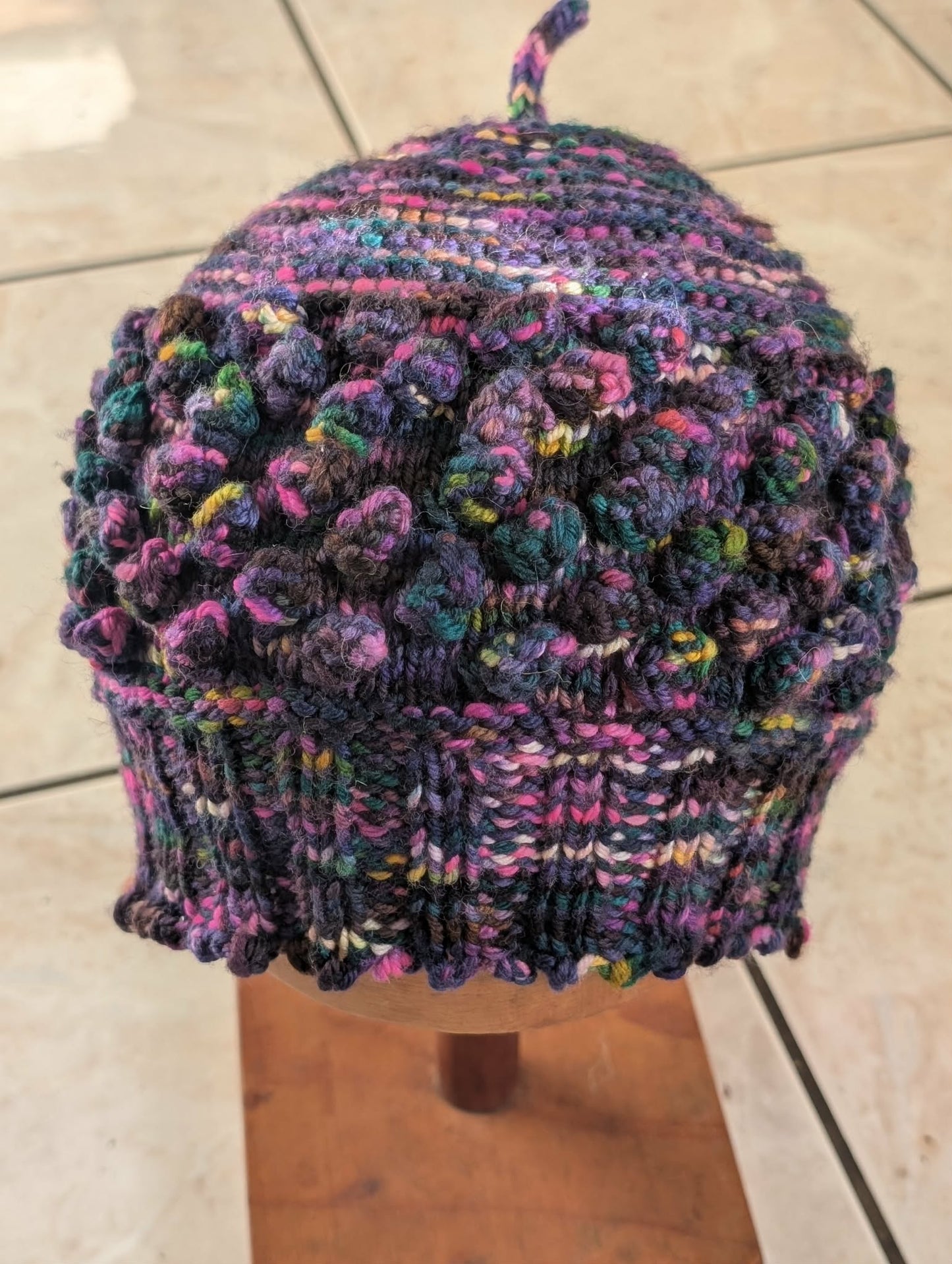 Hand Knit Bobble Hat - Multicoloured Wool $65
