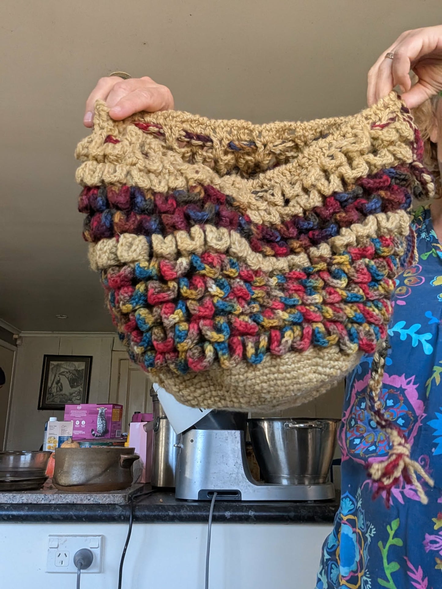 SOLD Handspun Crochet Drawstring Bag $65