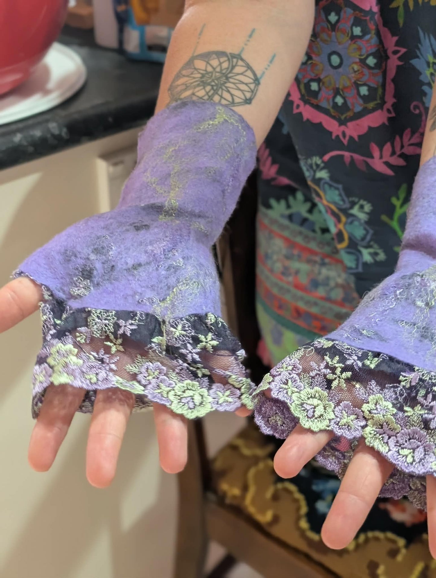Merino Silk Lace Felted Gloves $50