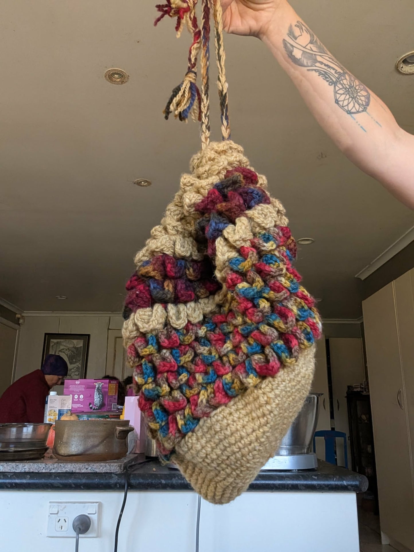 SOLD Handspun Crochet Drawstring Bag $65