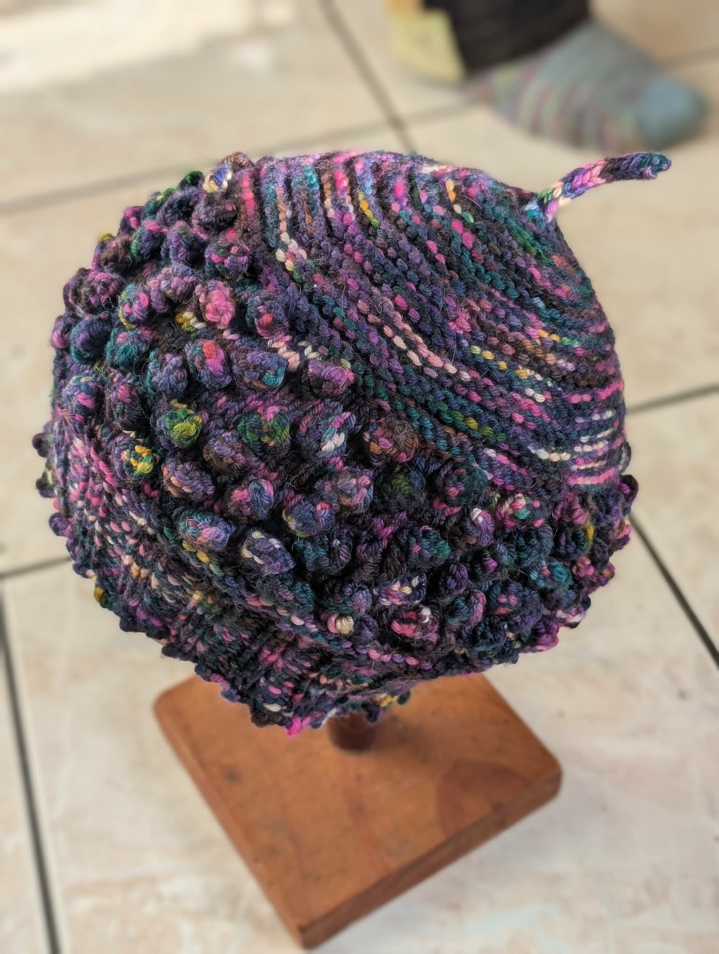 Hand Knit Bobble Hat - Multicoloured Wool $65