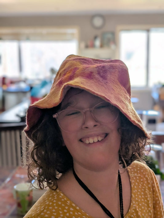 Hand Felted Fairy Hat - Sunset Colours $120