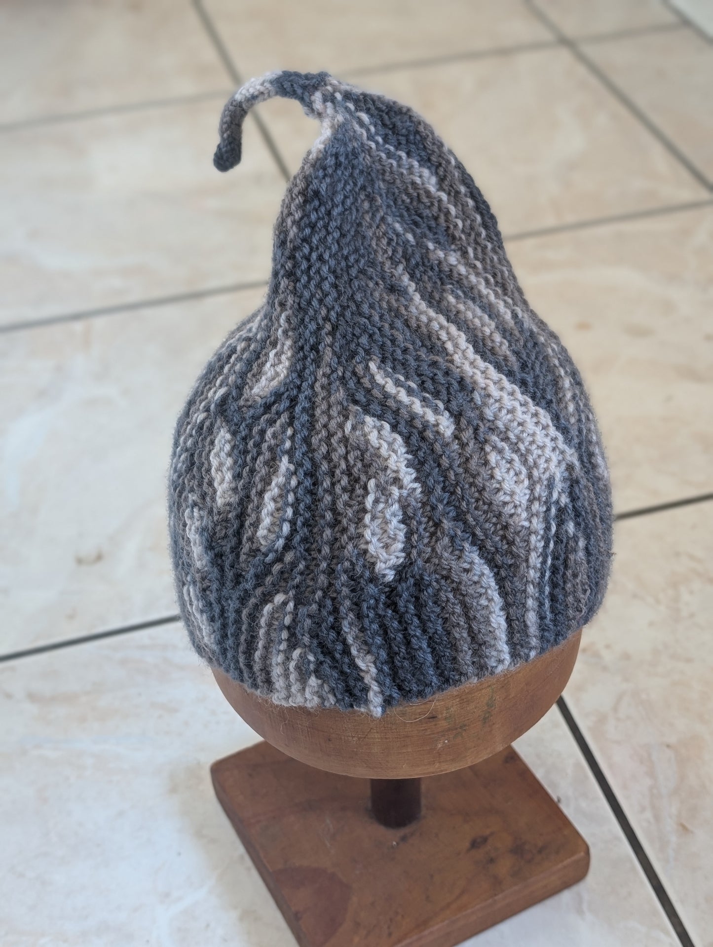 Hand Knitted Wool Pixie Hat - Grey Leaf Pattern $65