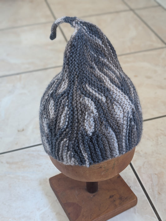 Hand Knitted Wool Pixie Hat - Grey Leaf Pattern $65