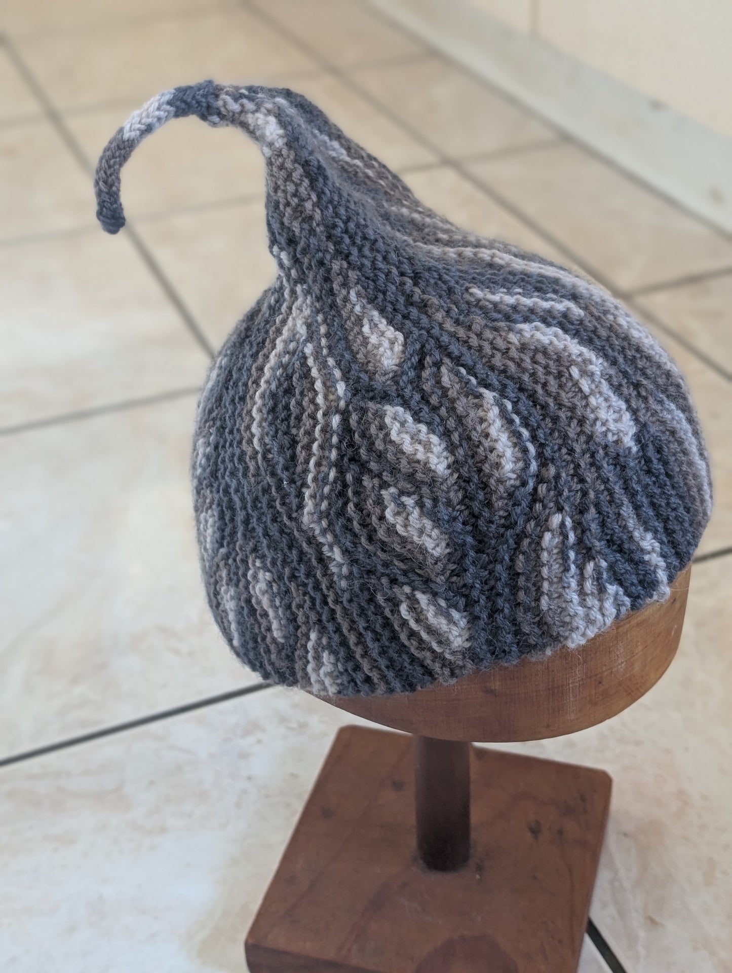 Hand Knitted Wool Pixie Hat - Grey Leaf Pattern $65