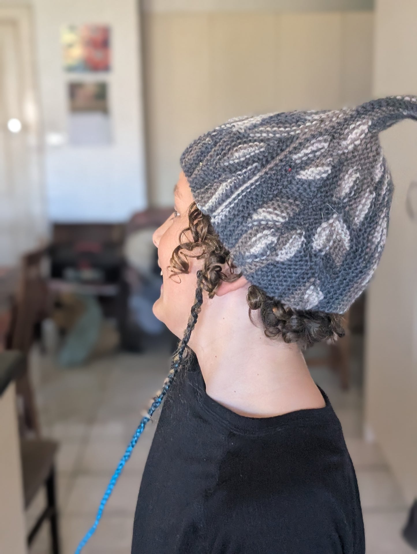 Hand Knitted Wool Pixie Hat - Grey Leaf Pattern $65