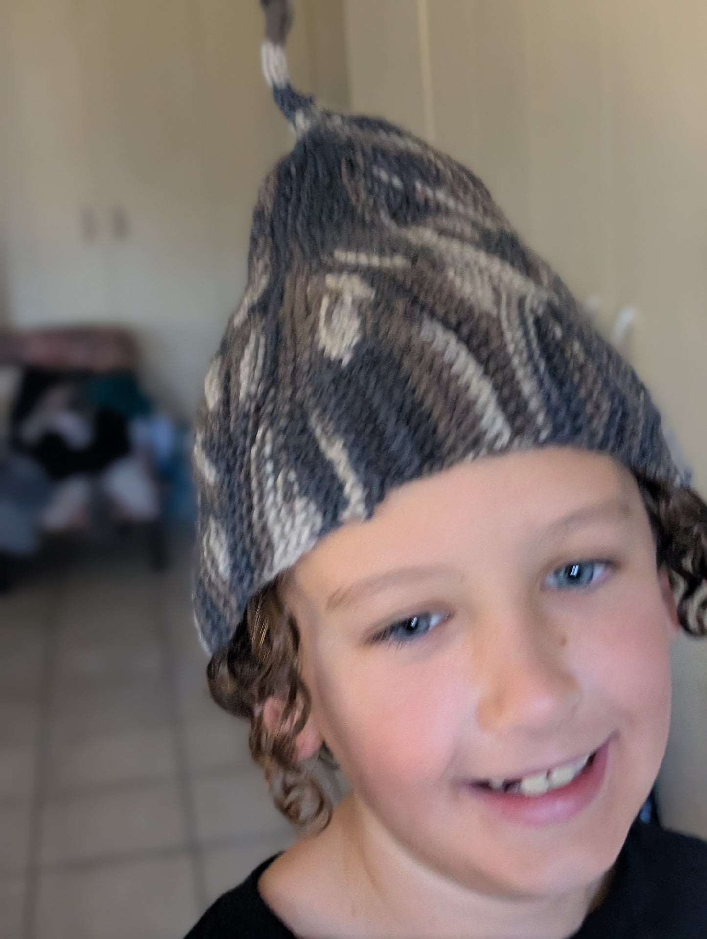 Hand Knitted Wool Pixie Hat - Grey Leaf Pattern $65