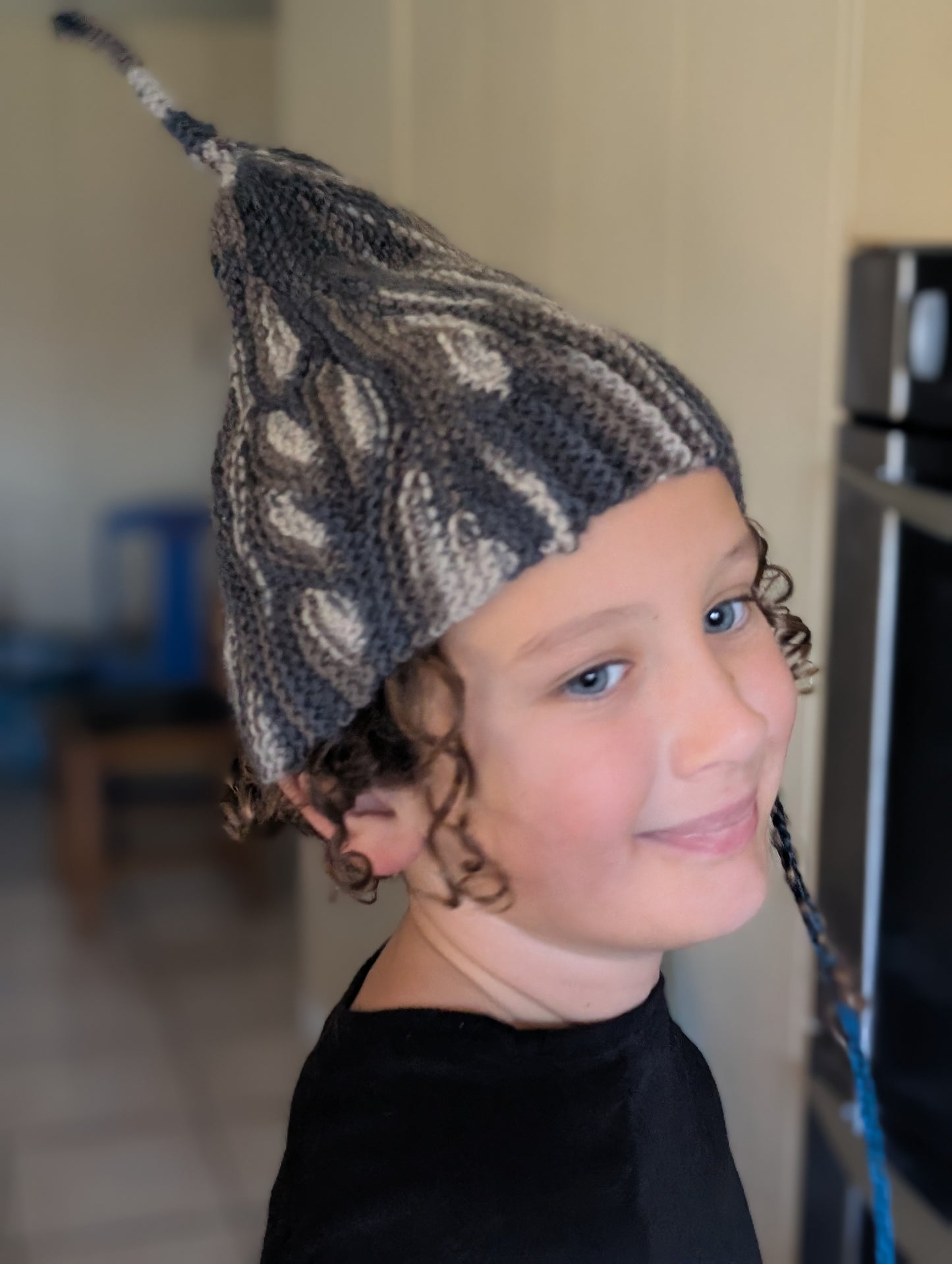 Hand Knitted Wool Pixie Hat - Grey Leaf Pattern $65