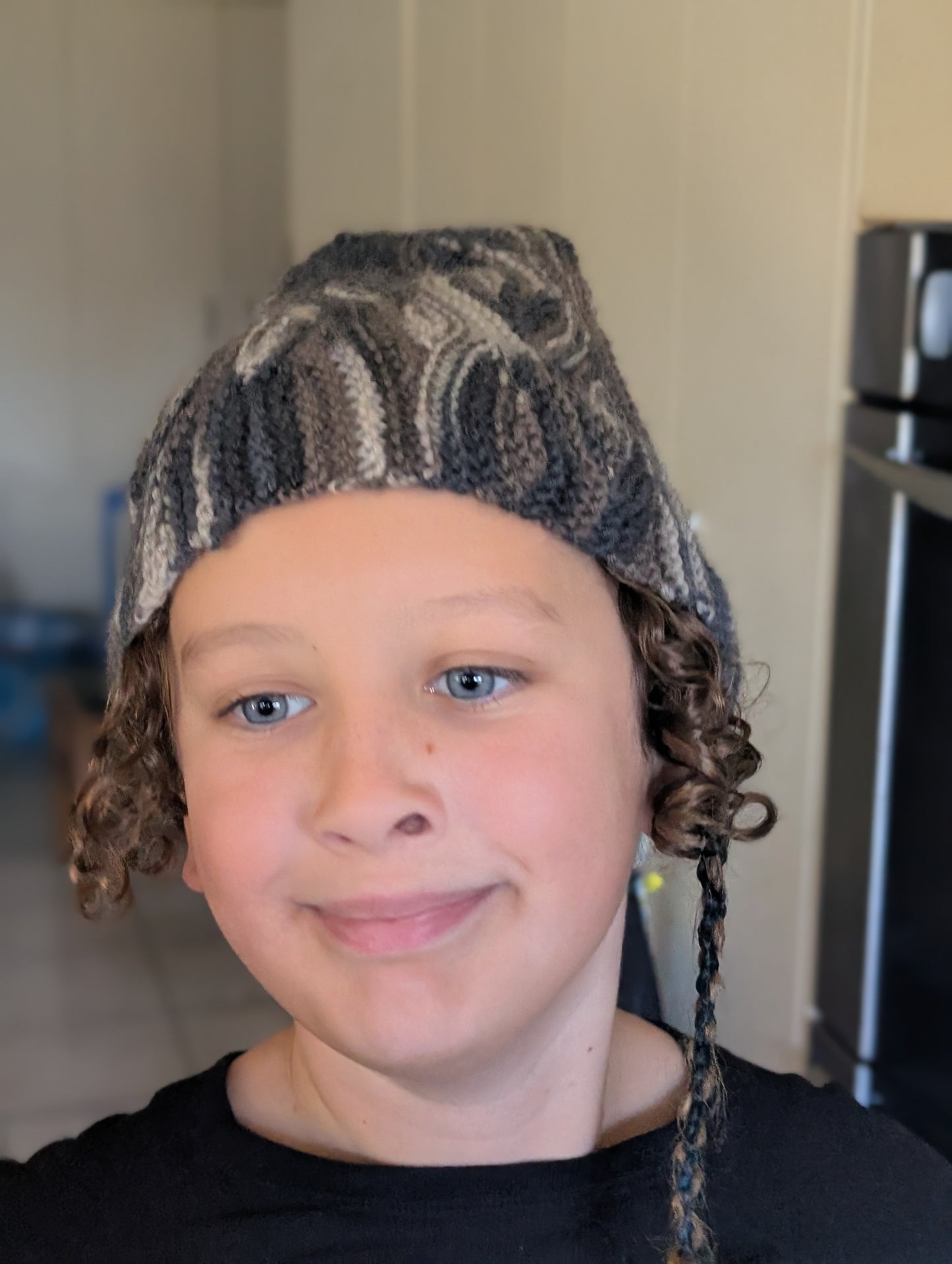 Hand Knitted Wool Pixie Hat - Grey Leaf Pattern $65