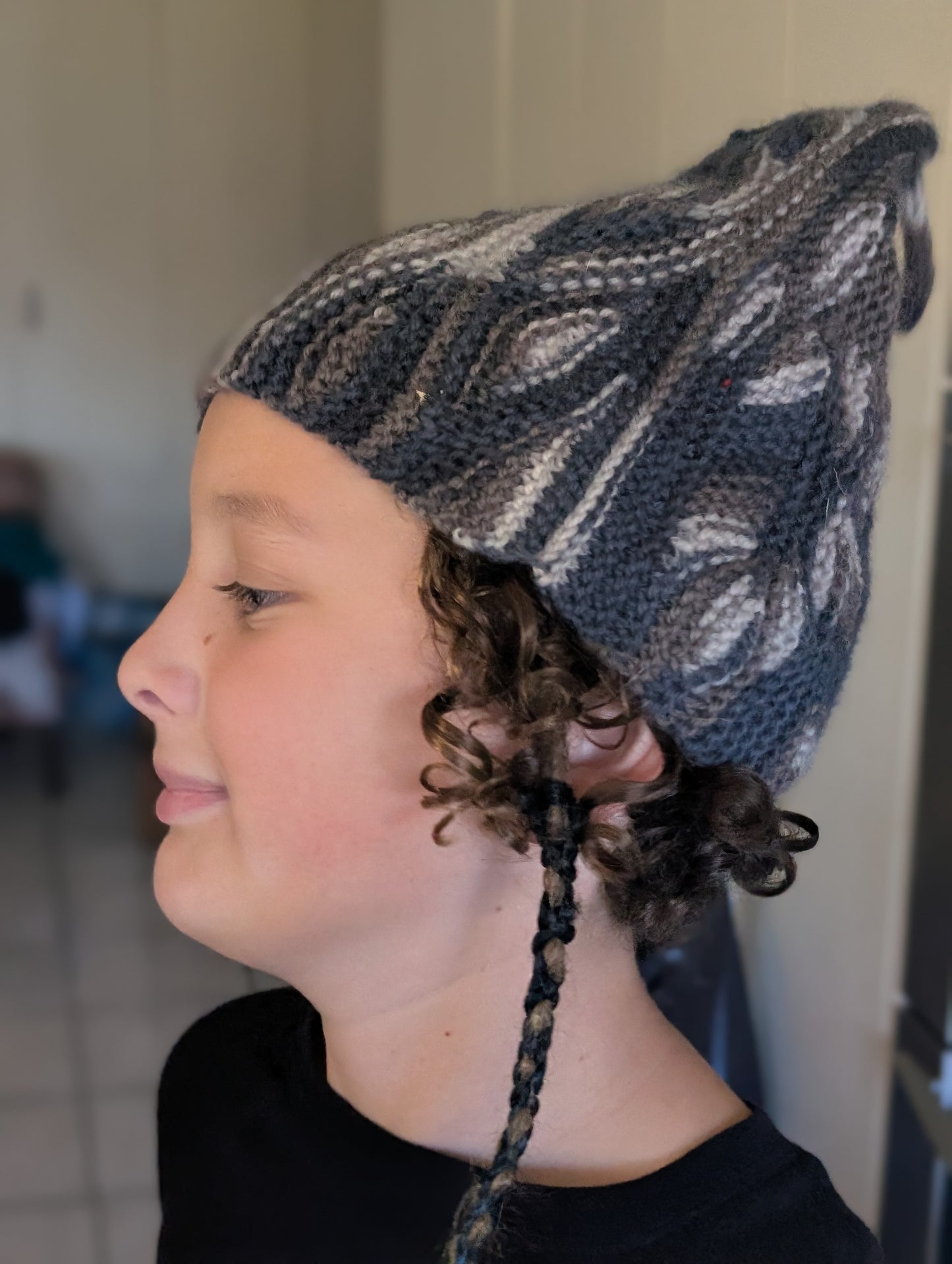 Hand Knitted Wool Pixie Hat - Grey Leaf Pattern $65