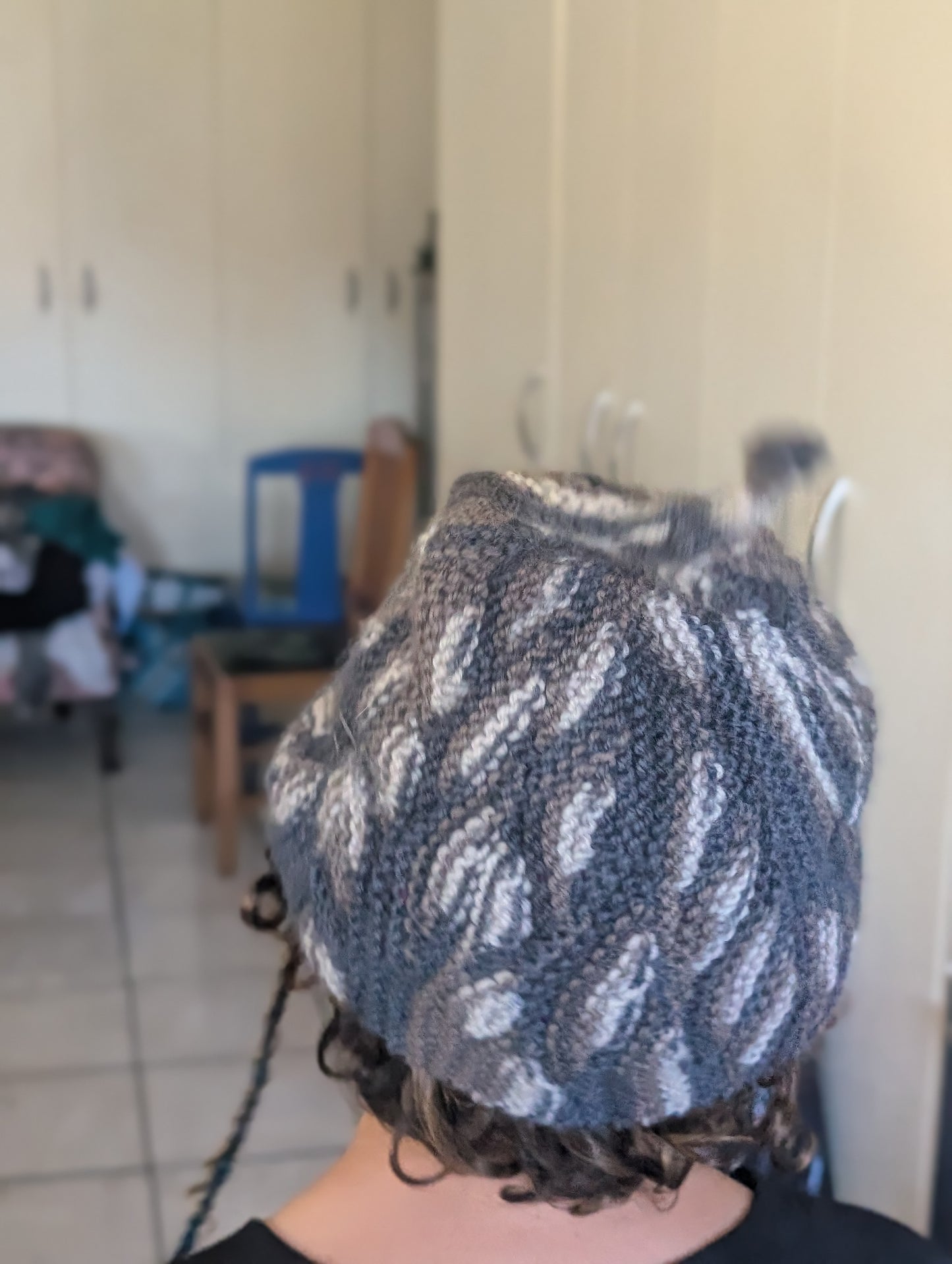 Hand Knitted Wool Pixie Hat - Grey Leaf Pattern $65