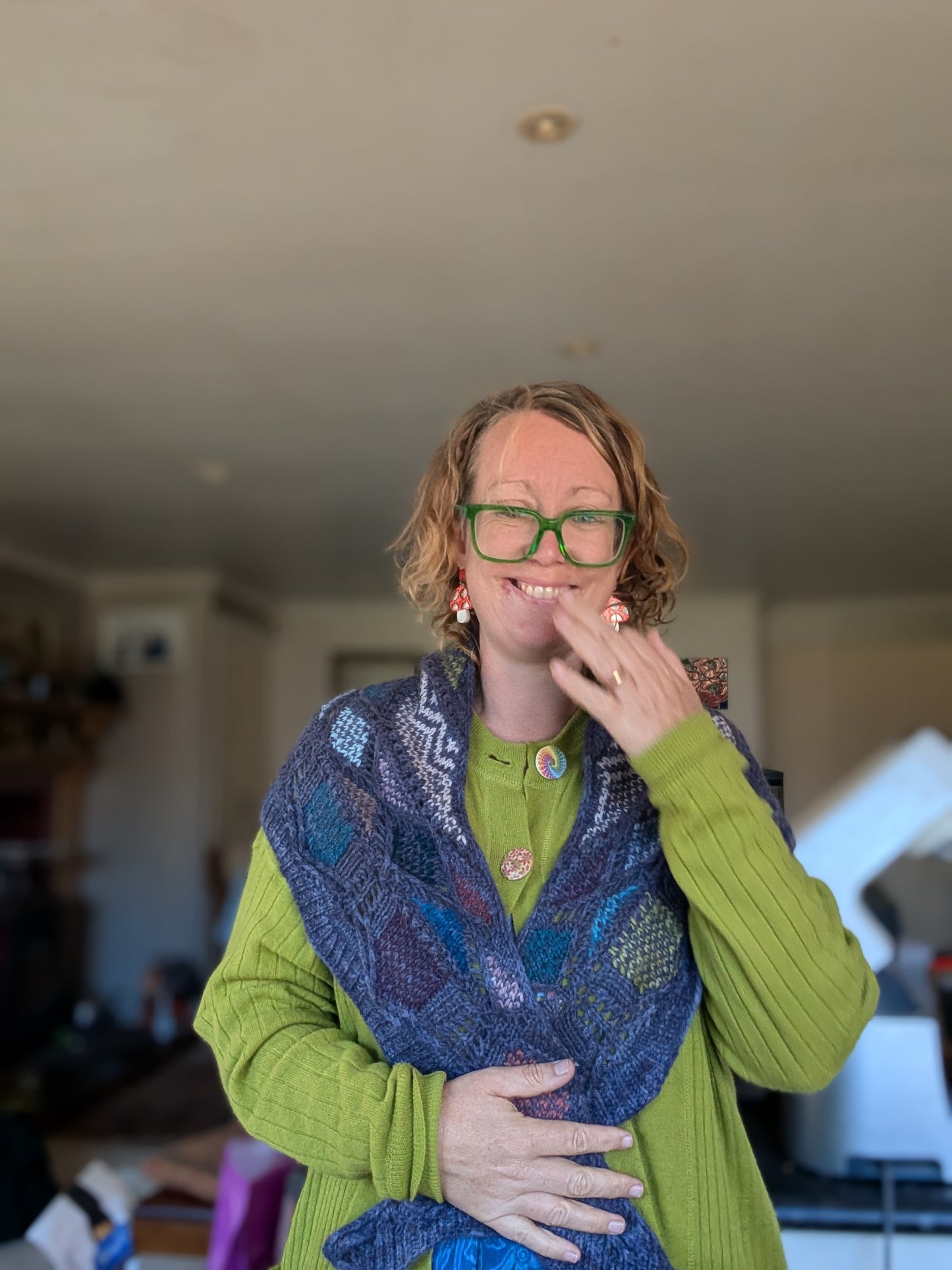 Hand- Knitted Mixed Fibre Shawl Purple $120