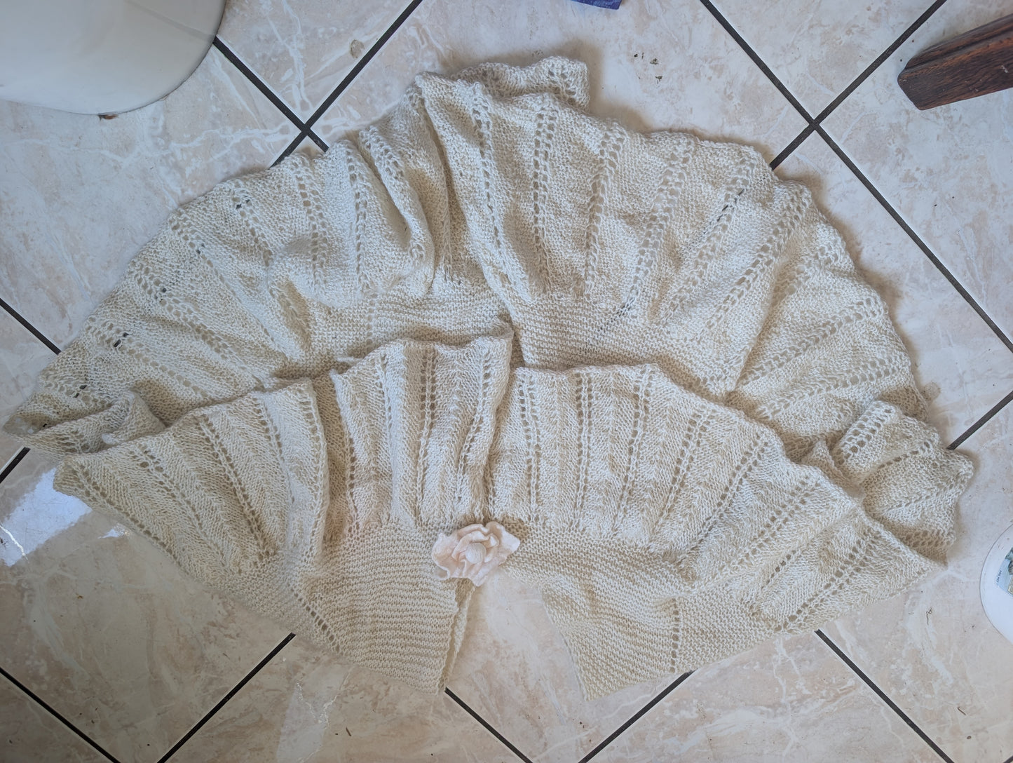 Heirloom Ivory Lace Shawl with Felted Rose Clasp $300