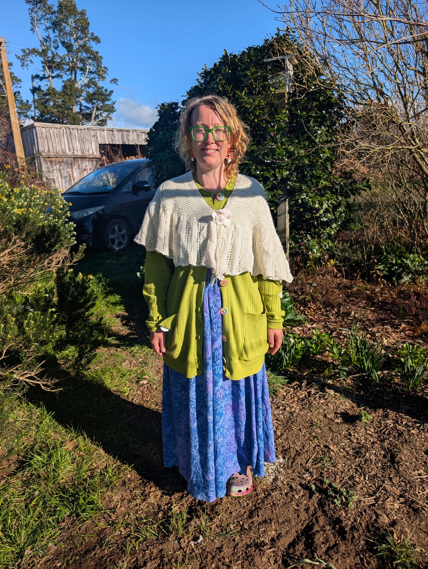Heirloom Ivory Lace Shawl with Felted Rose Clasp $300