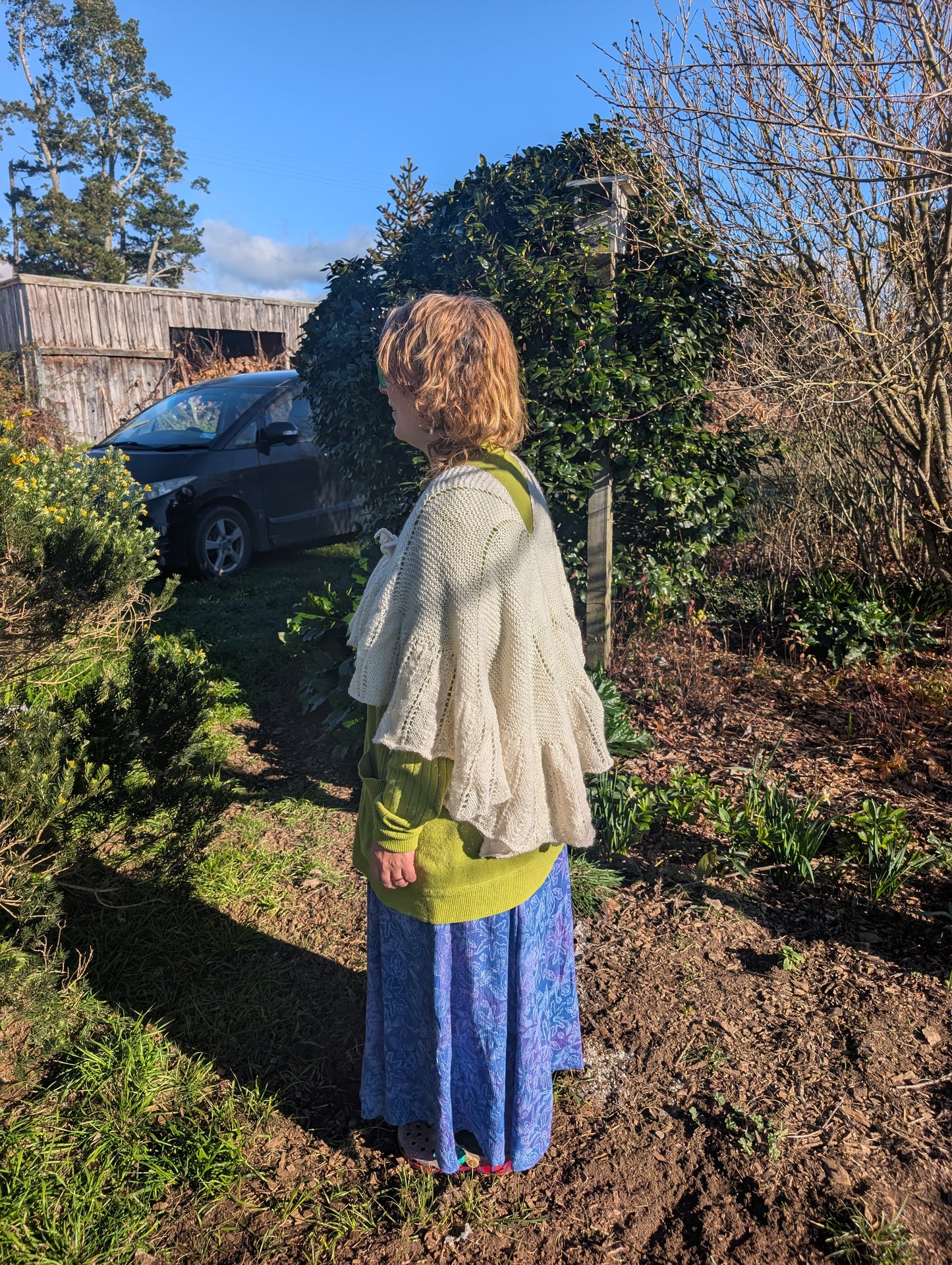 Heirloom Ivory Lace Shawl with Felted Rose Clasp $300