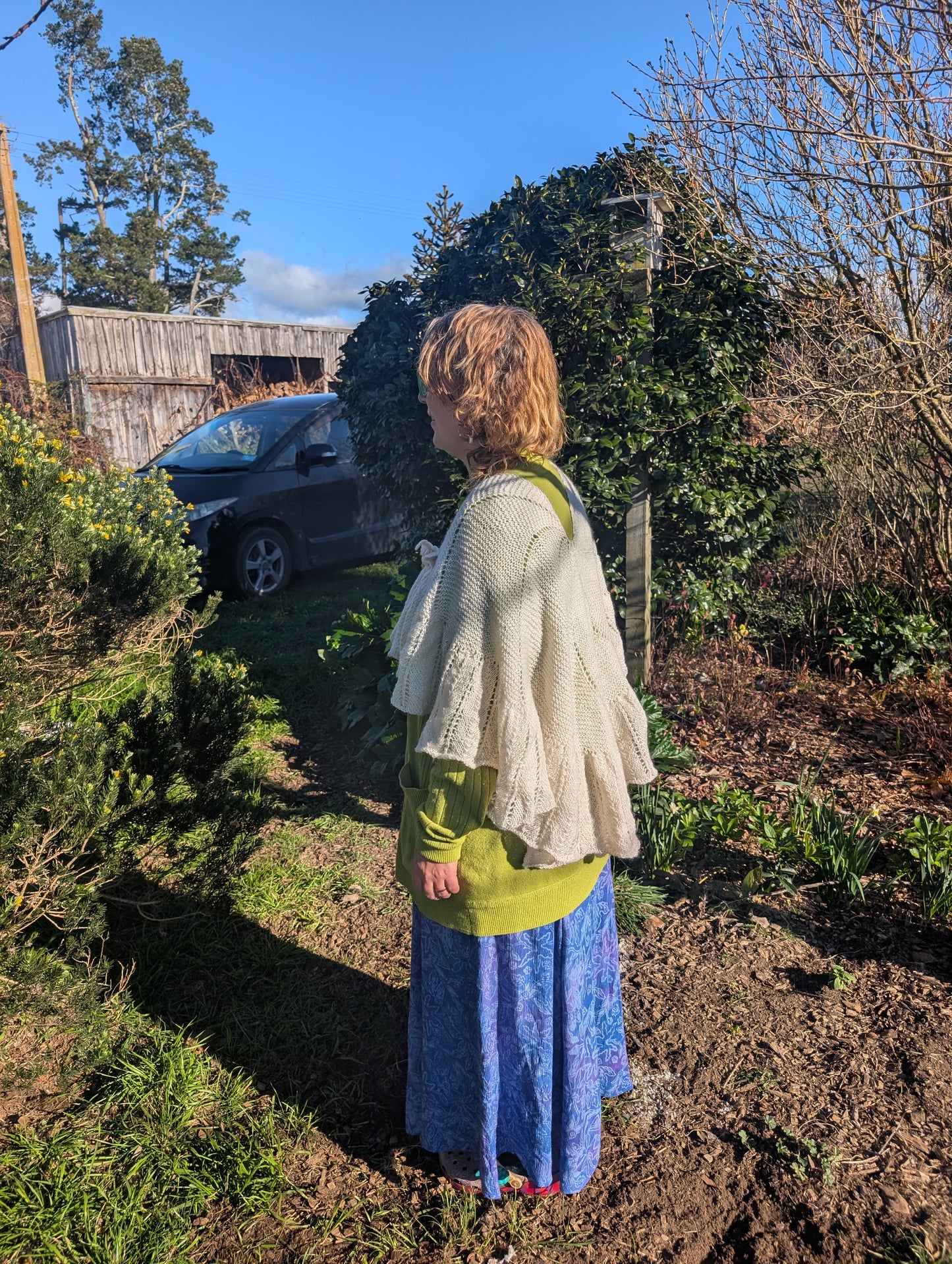Heirloom Ivory Lace Shawl with Felted Rose Clasp $300