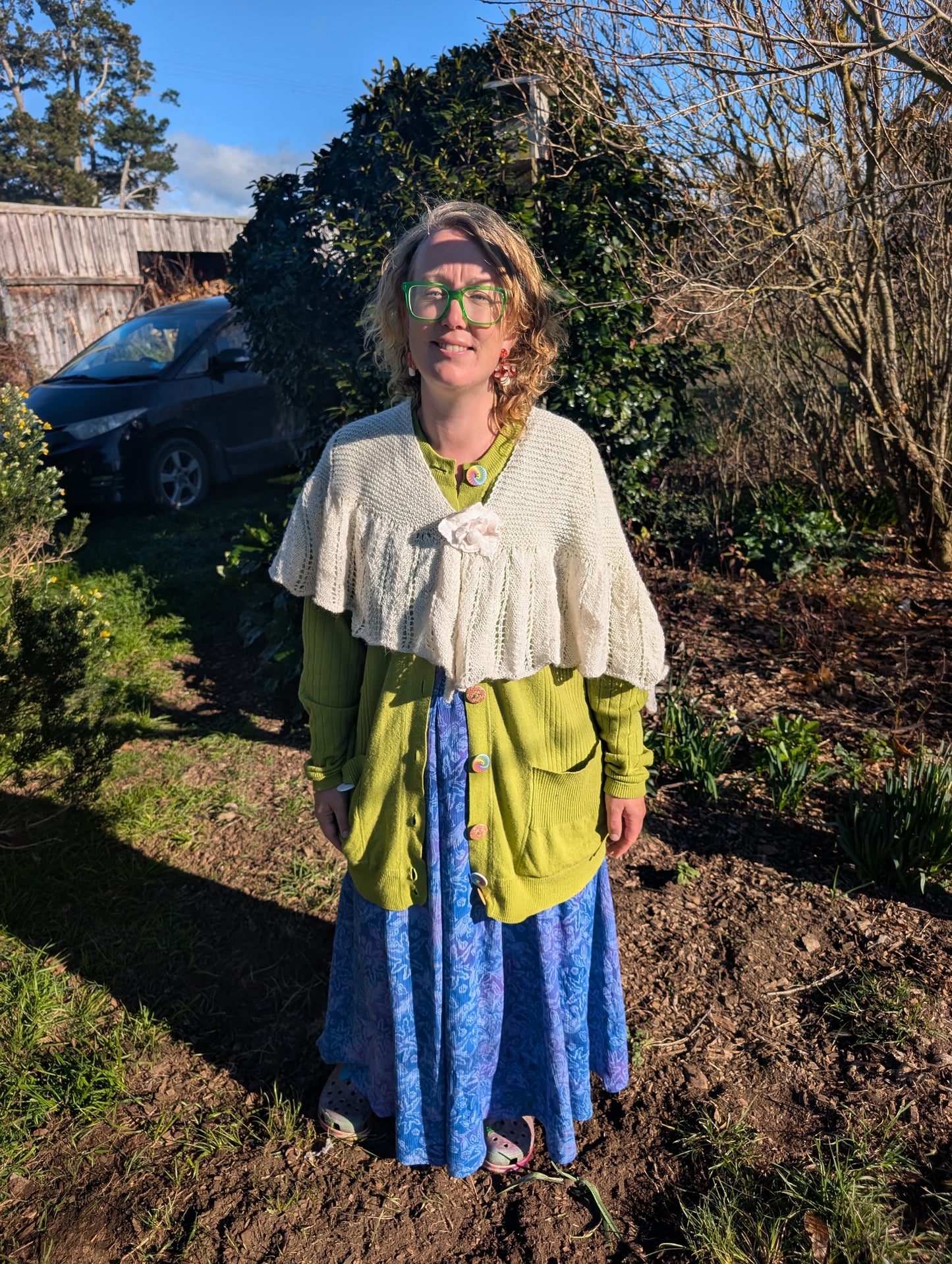 Heirloom Ivory Lace Shawl with Felted Rose Clasp $300