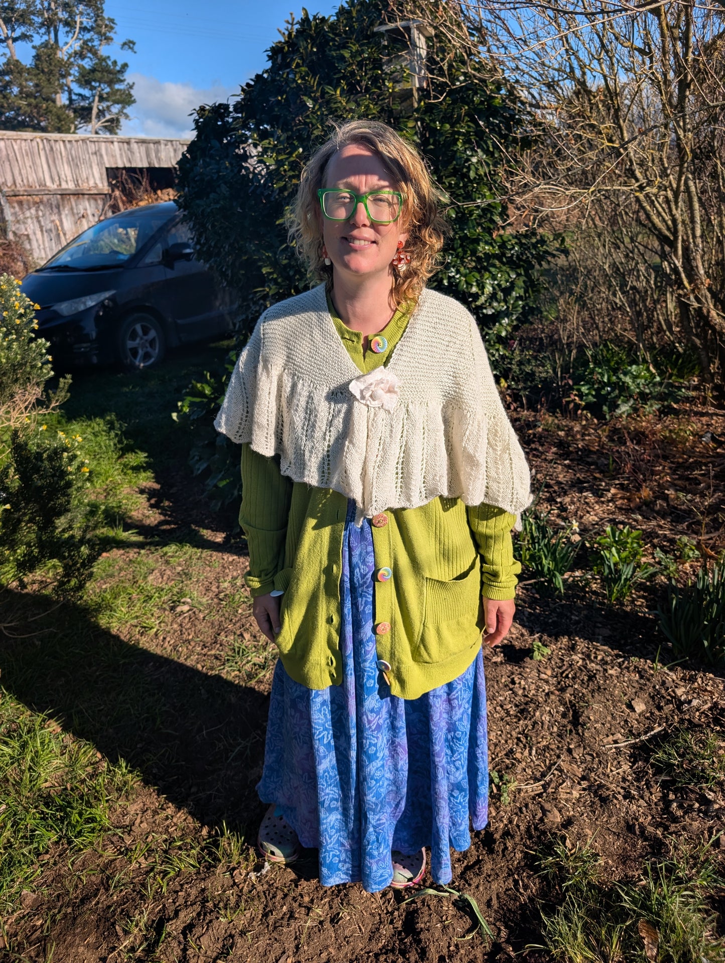 Heirloom Ivory Lace Shawl with Felted Rose Clasp $300