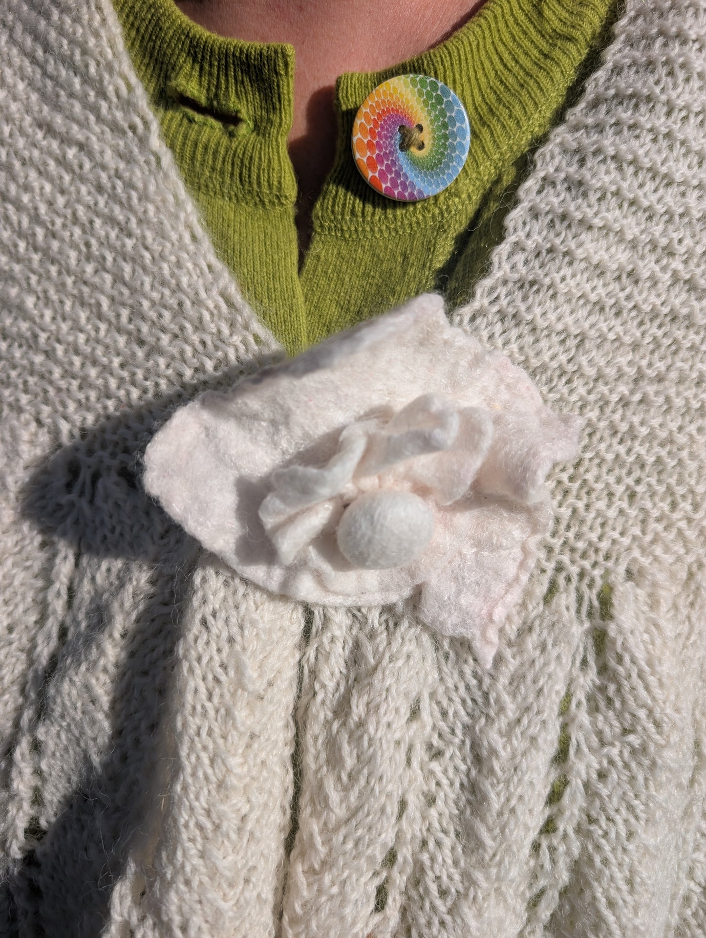 Heirloom Ivory Lace Shawl with Felted Rose Clasp $300