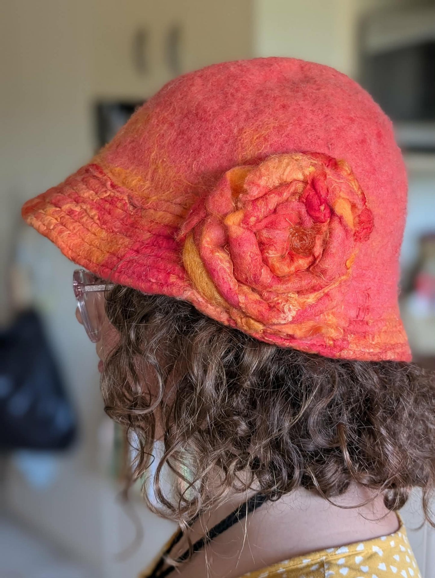 Hand Felted Wool Hat with Rose Detail $120