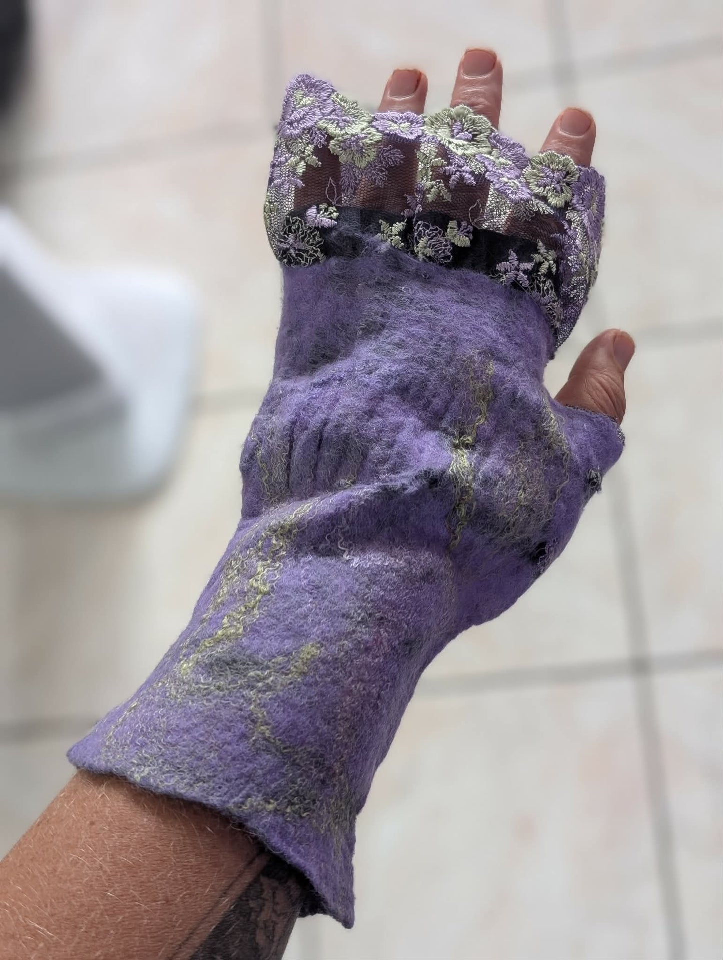 Merino Silk Lace Felted Gloves $50