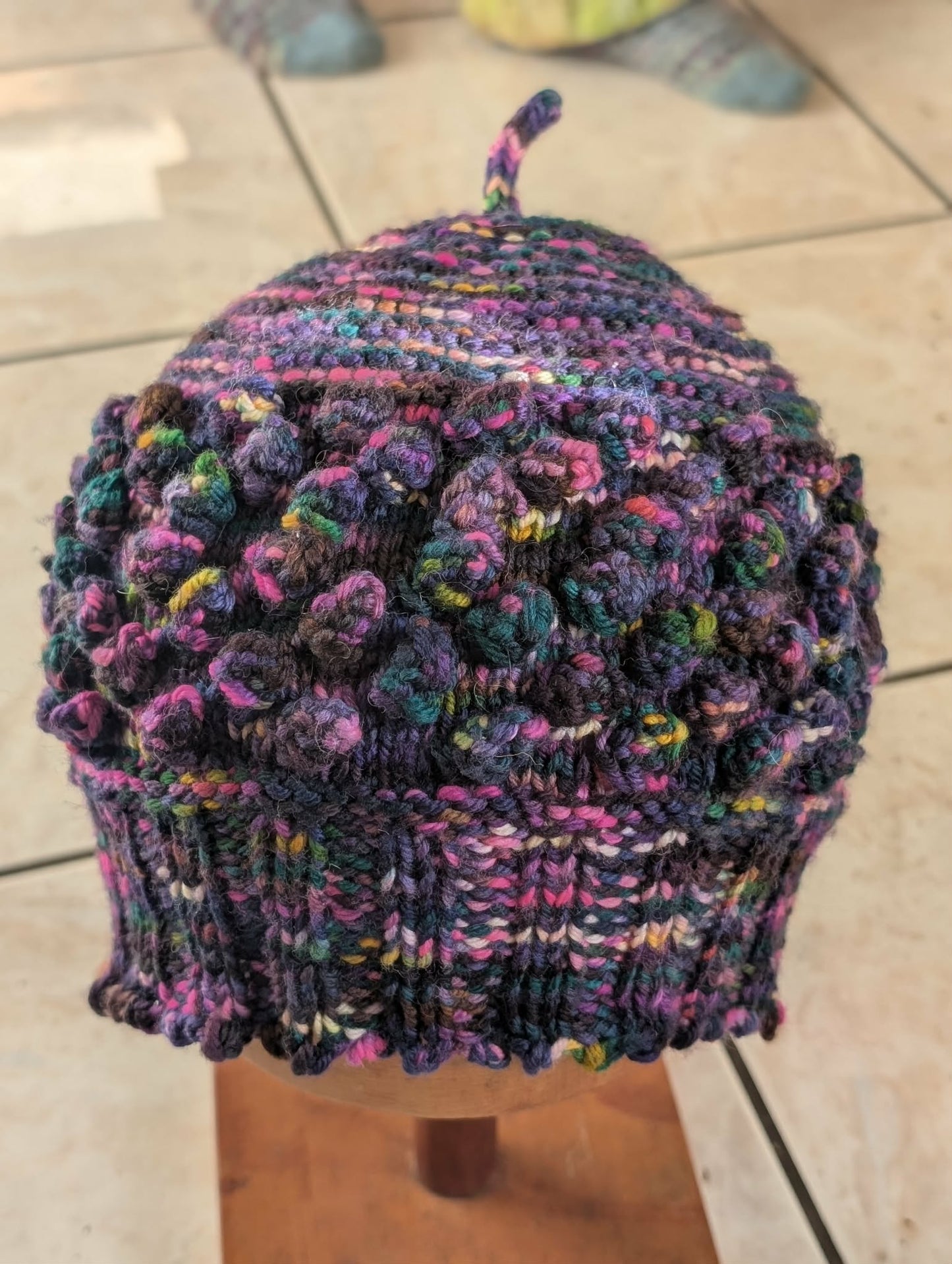 Hand Knit Bobble Hat - Multicoloured Wool $65