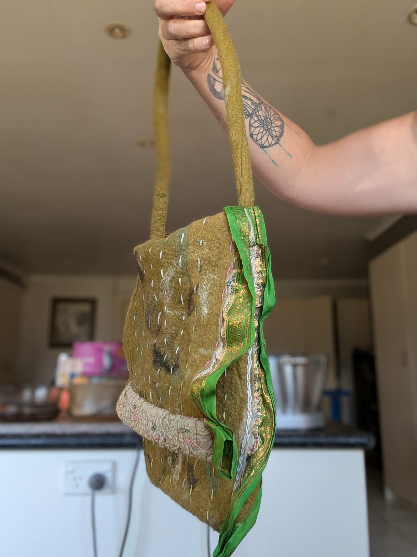 Green Merino Silk Felt Bag $45